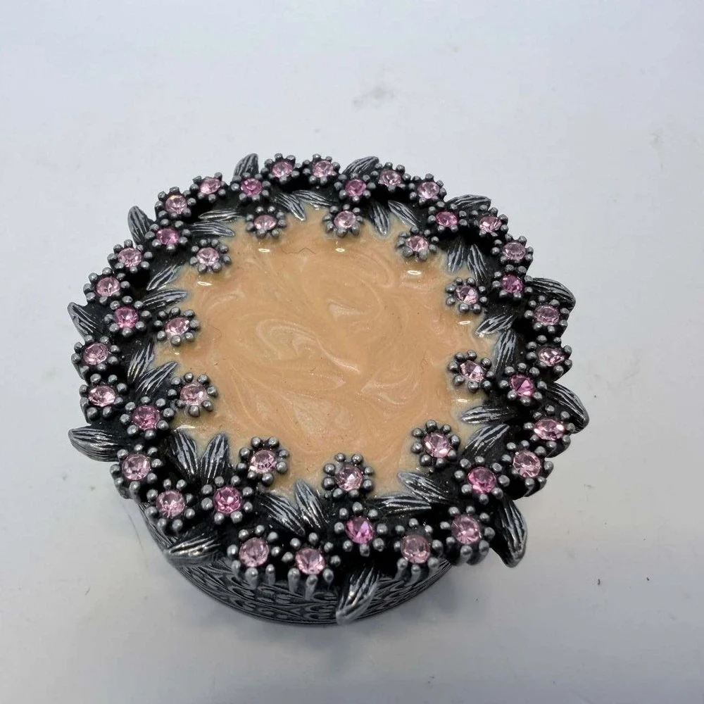 AXCO Pewter Tone Trinket Box Pink Rhinestone Floral Enamel Jewelry Case Round